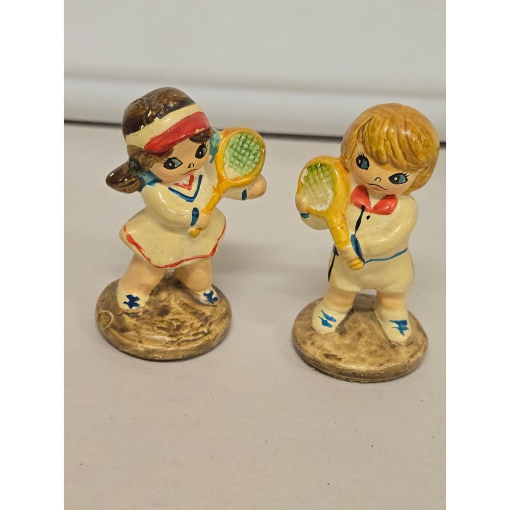 Vintage Tennis Players Mini Figures Enesco Japan Boy & Girl Ceramic